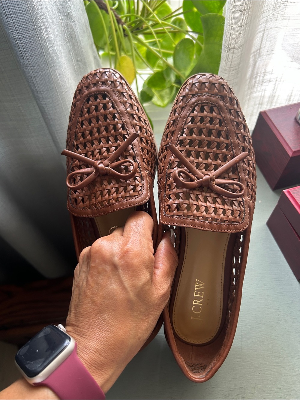 J. Crew Brown Woven synthetic Leather Loafers with Bow - Picture 3 of 9